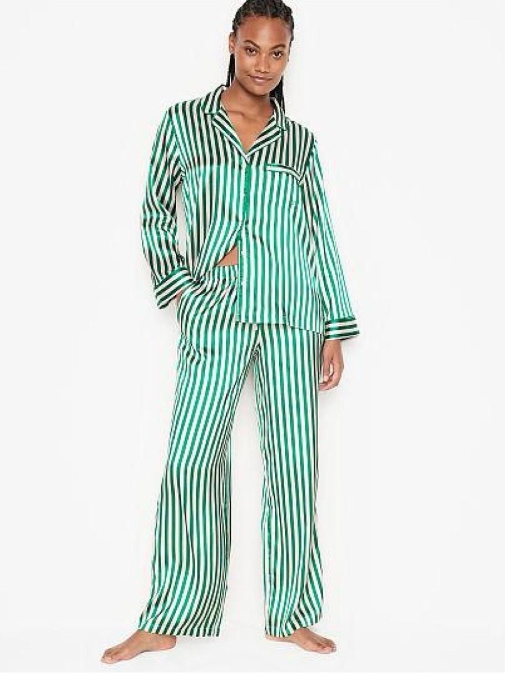 Victoria's Secret Green and White Striped Satin Pajama Top